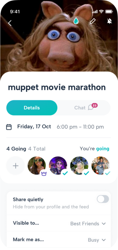 The plan page for Howbout, the shared calendar app for keeping up with friends. Make plans, see availability, and actually find time together. 